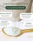 KAILO Nutrition powder with key ingredients and benefits displayed on a white background