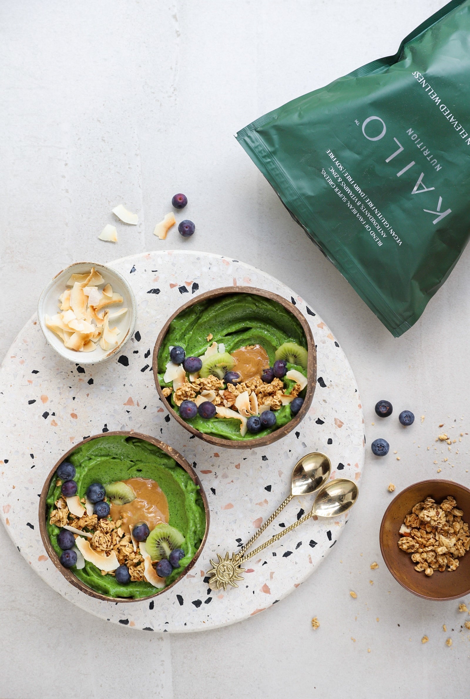 green mango smoothie bowl healthy high protein breakfast with spinach
