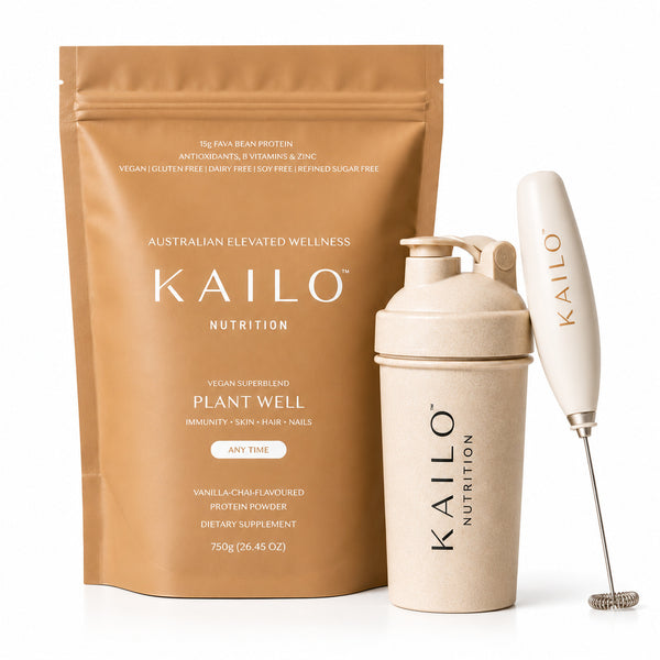 Kailo Nutrition Plant Well vegan protein powder in a brown stand-up pouch, shown with a beige shaker bottle and matching beige whisk on a white background.