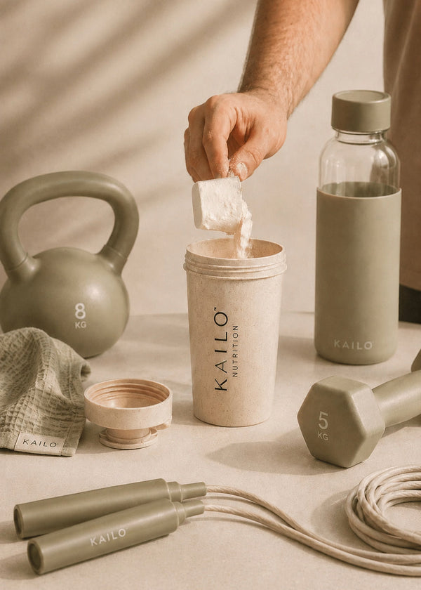 A lifestyle shot of a Kailo Nutrition gym set in a warm, minimalist studio environment. A person's hand is shown pouring powder into a beige shaker cup.