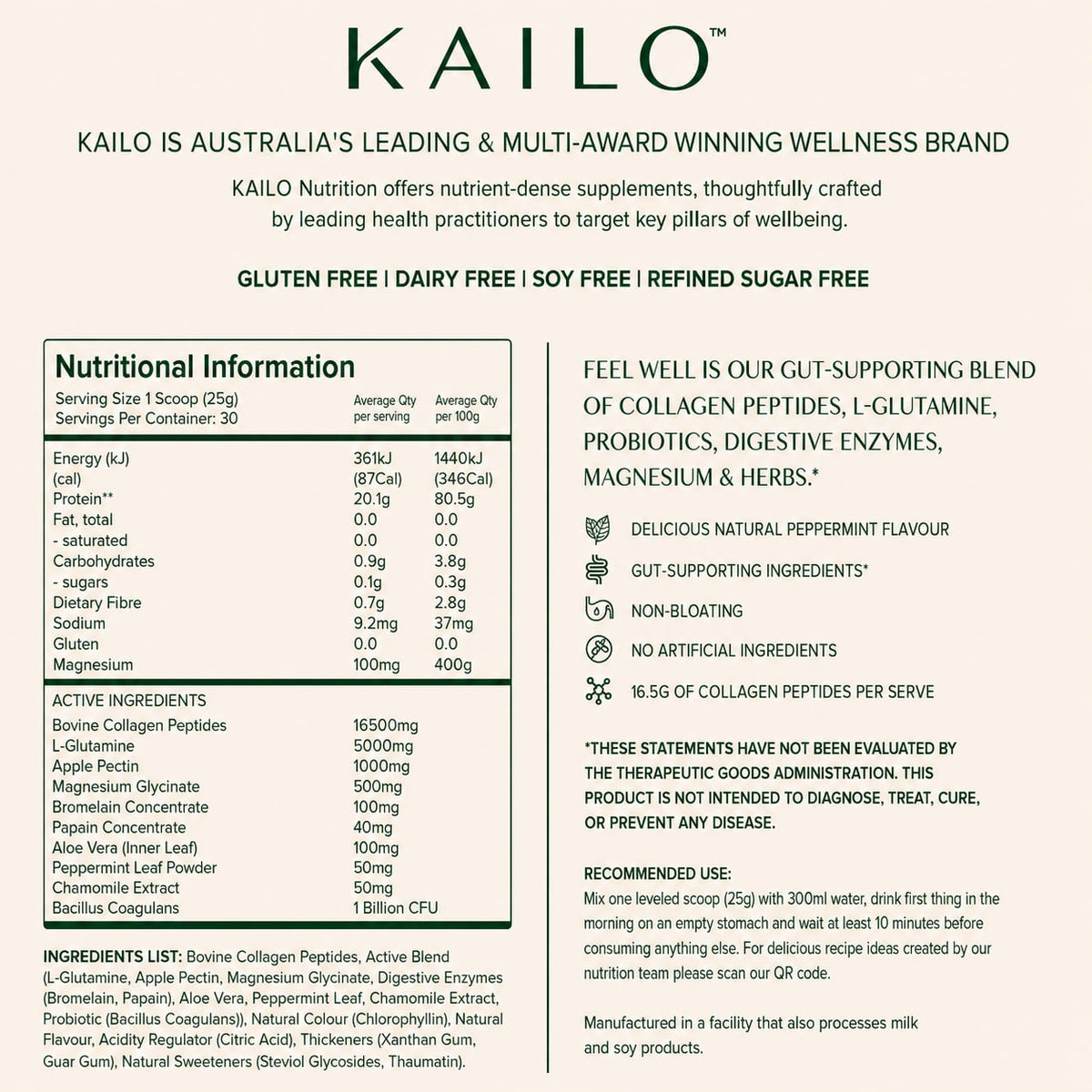 Kailo supplement label with nutritional information and product details on a white background