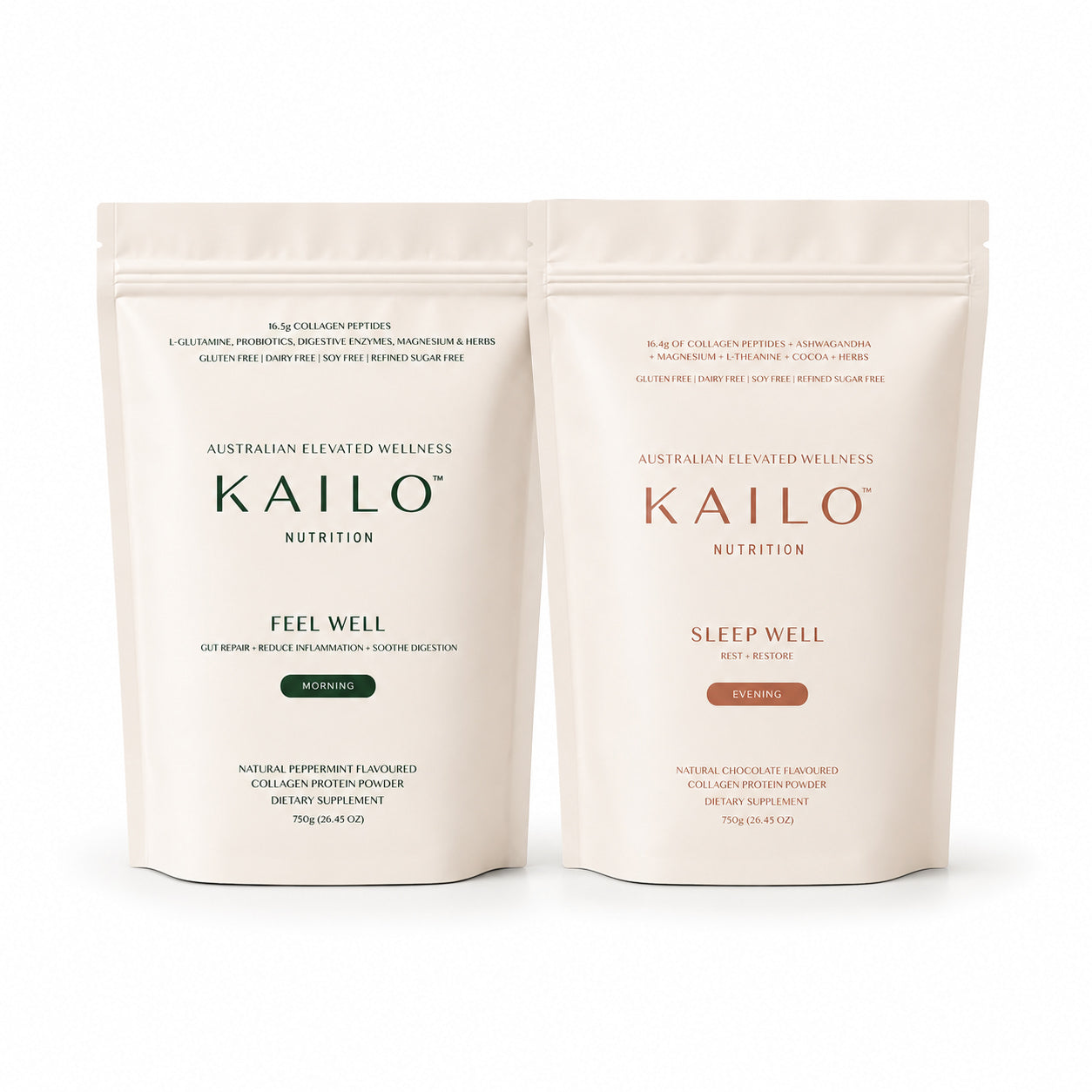 Two Kailo Nutrition packages, one labeled 'Feel Well' and the other 'Sleep Well', on a white background.