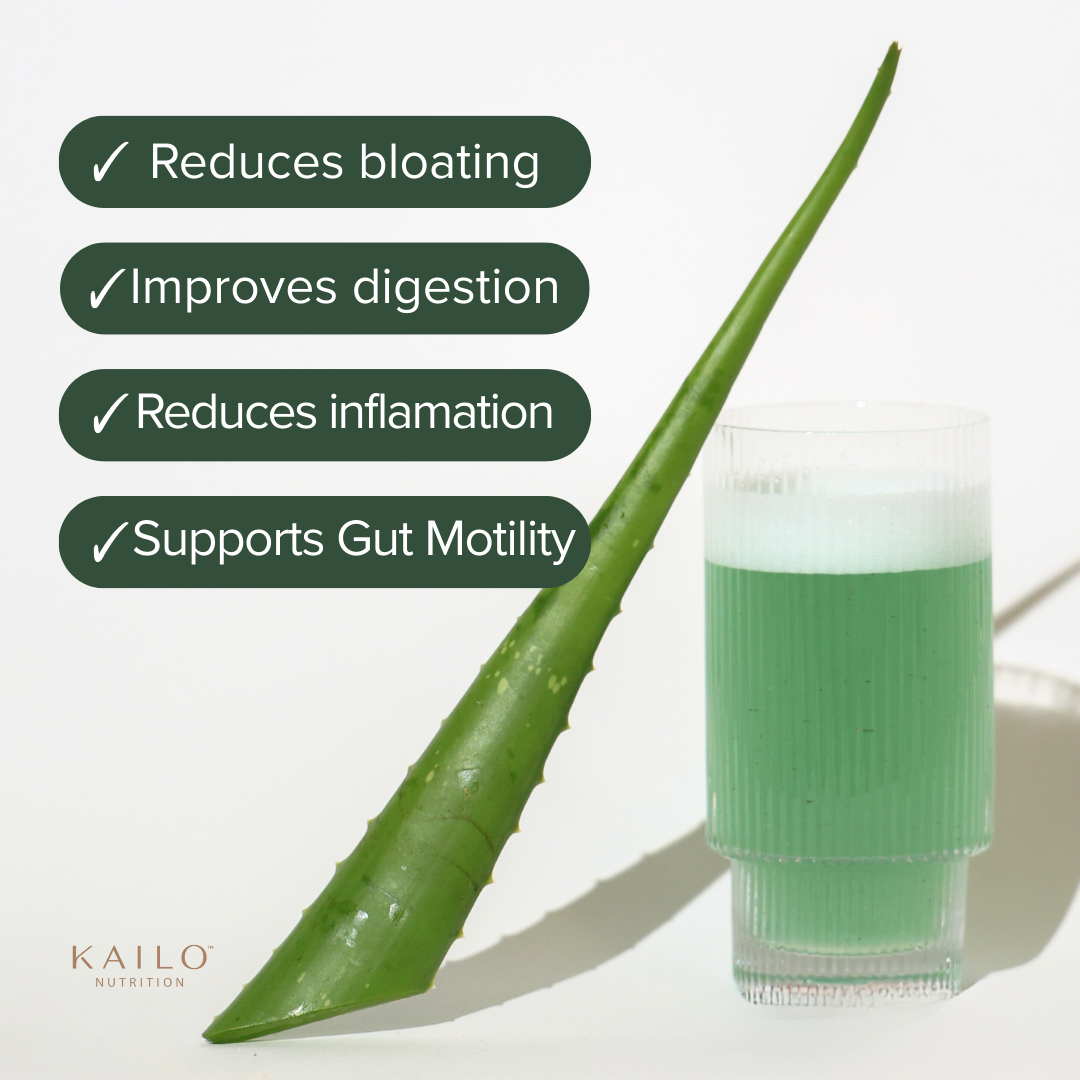 Aloe vera leaf and glass of juice with KAILO Nutrition branding on a white background.