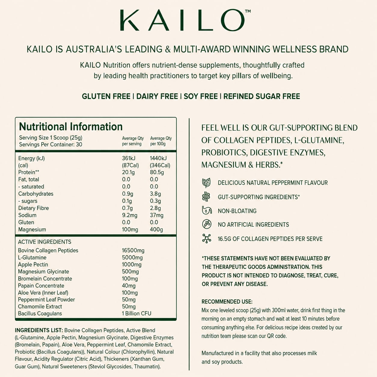 Kailo supplement label with nutritional information and product details on a white background