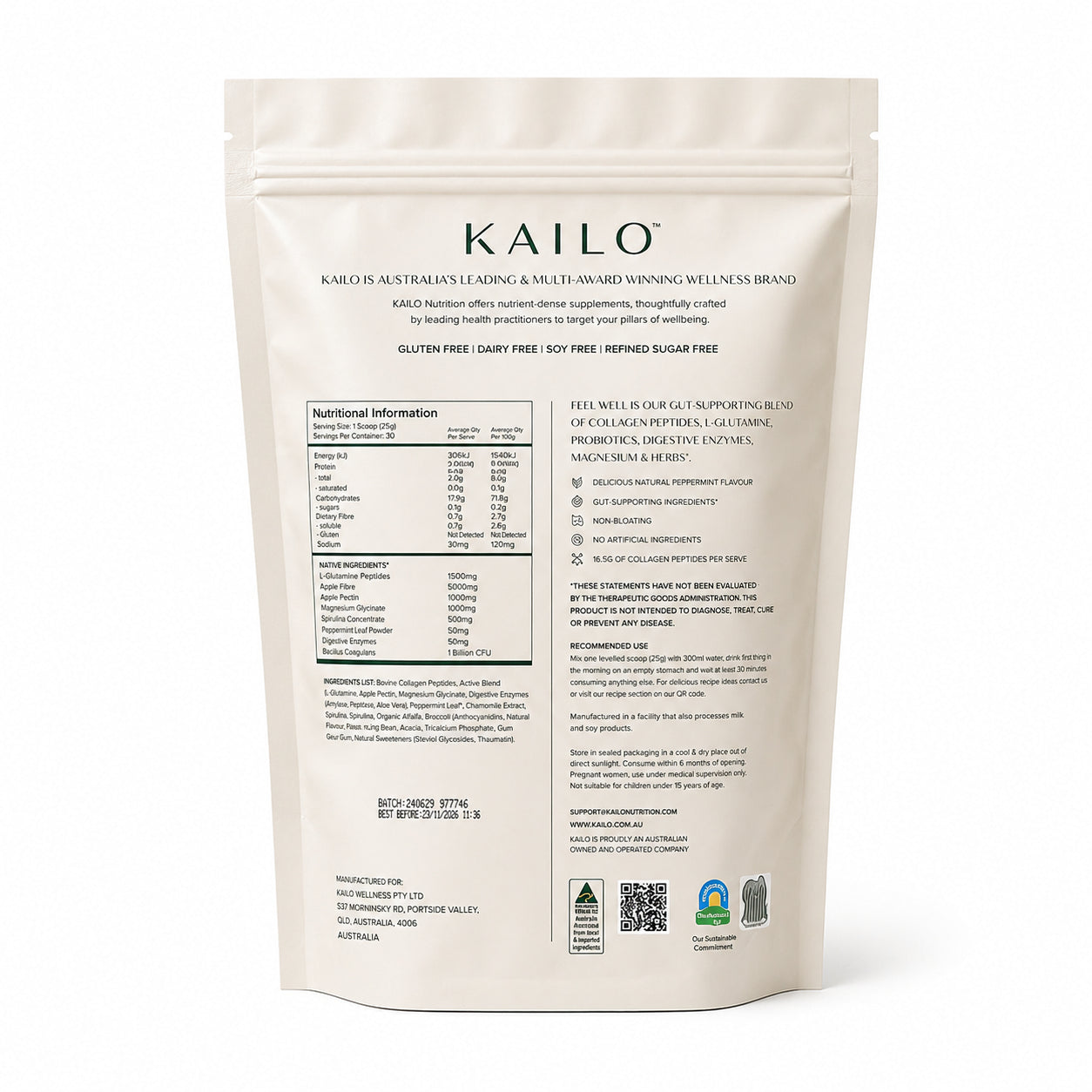 Kailo nutritional information label on a white background