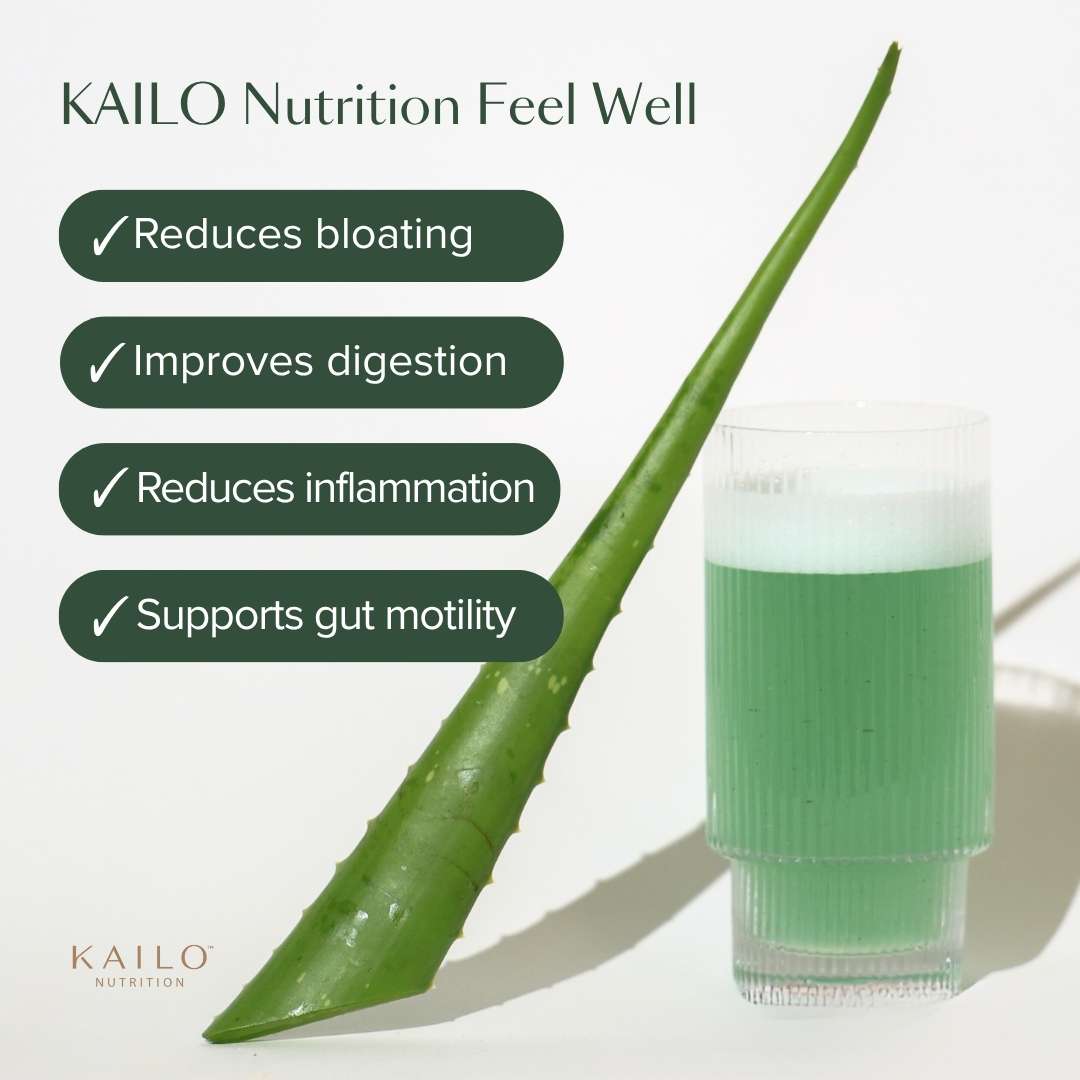 Aloe vera leaf and glass of green juice with KAILO Nutrition branding and health benefits listed.