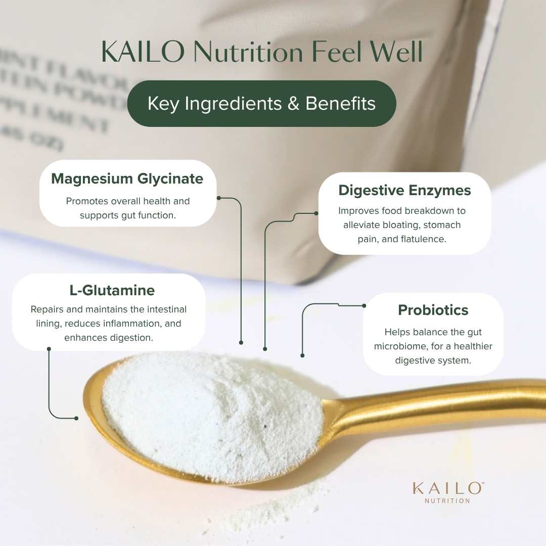 KAILO Nutrition powder with key ingredients and benefits displayed on a white background