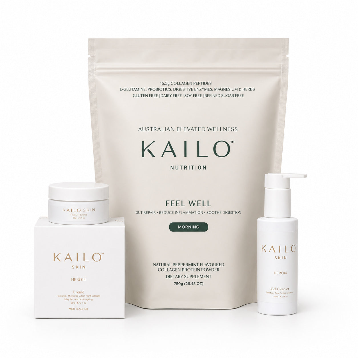 Kailo Nutrition products including a powder pack, cream jar, and bottle on a white background