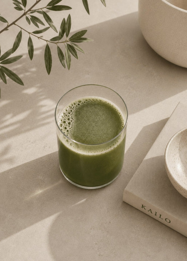 A clear glass tumbler filled with green juice, styled on a beige surface with a book, ceramic bowl, and leafy branch in soft natural shadows.