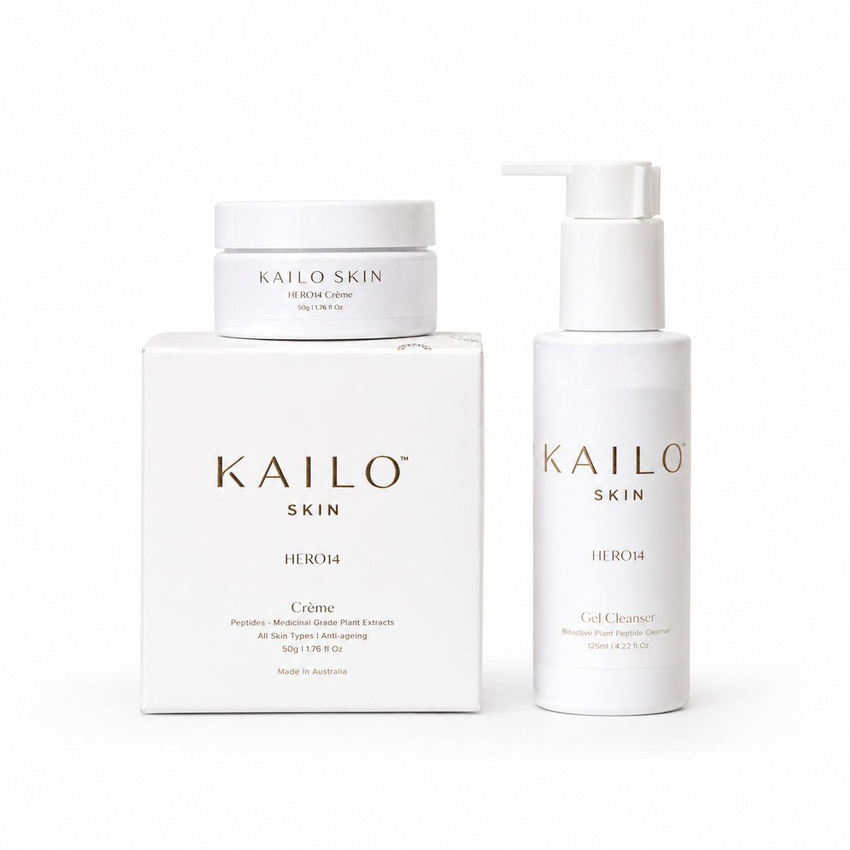 Kailo Skin skincare products including a jar, bottle, and box on a white background