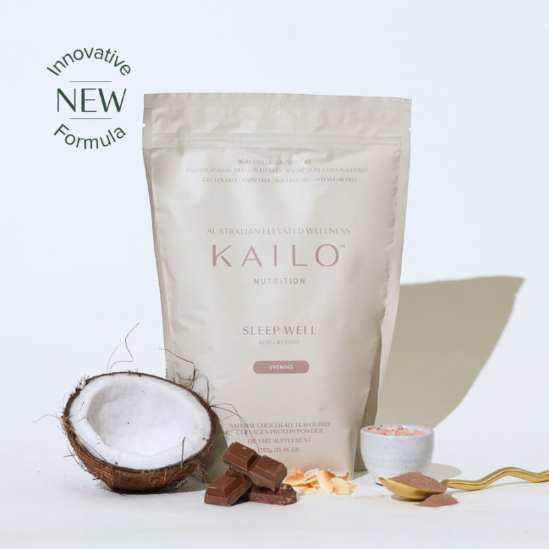 A packaged product labeled 'Sleep Well' by KAILO, with an image of a halved coconut and chocolate pieces, suggesting a chocolate flavored supplement. A spoon with powder and a 'new formula' seal are also visible.