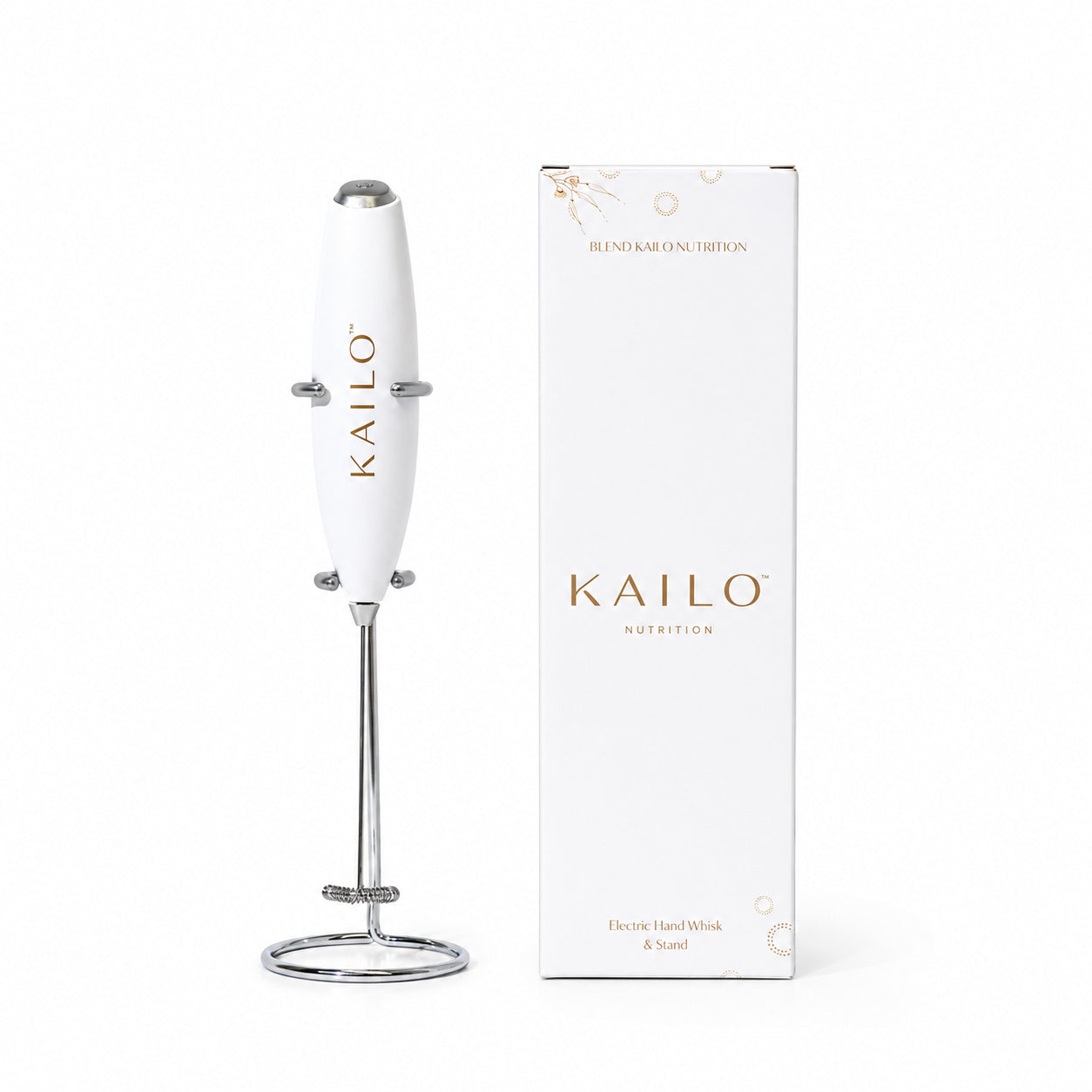 White handheld blender with Kailo branding next to its packaging on a white background
