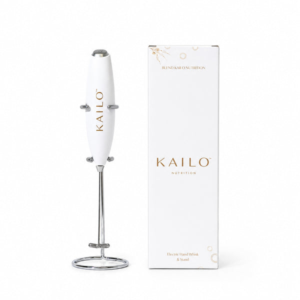 White handheld blender with Kailo branding next to its packaging on a white background