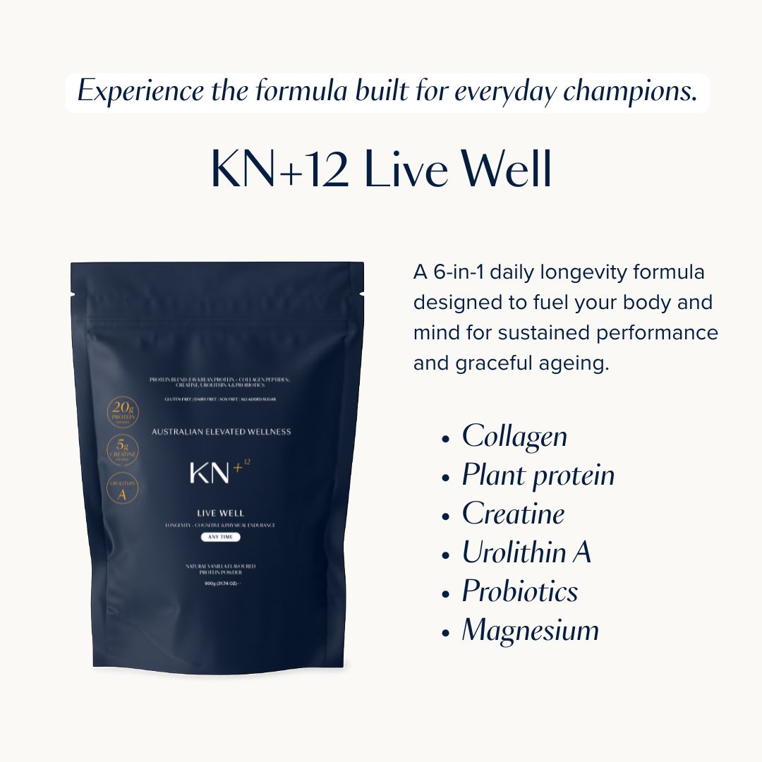 KN+12 Live Well supplement package with text on a white background