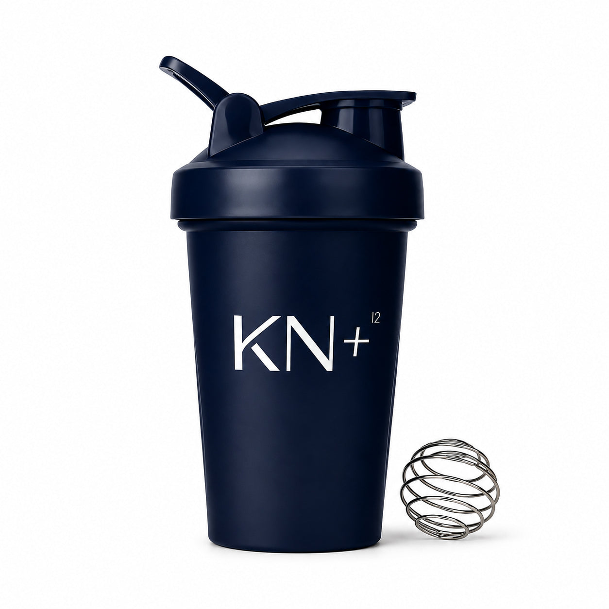 Navy blue shaker bottle with 'KN+12' branding on a white background