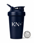 Navy blue shaker bottle with 'KN+12' branding on a white background