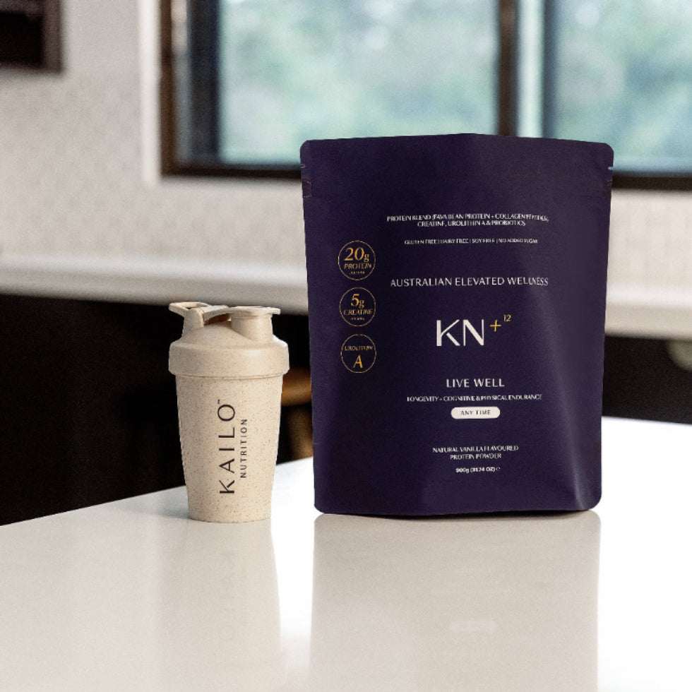Blue protein powder bag and white shaker bottle on a kitchen counter
