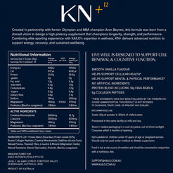 Nutritional information and product details for a supplement on a blue background