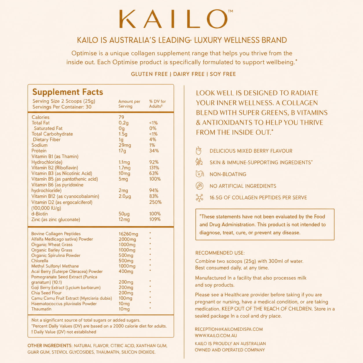Nutrition info label for Kailo collagen supplement on a white background