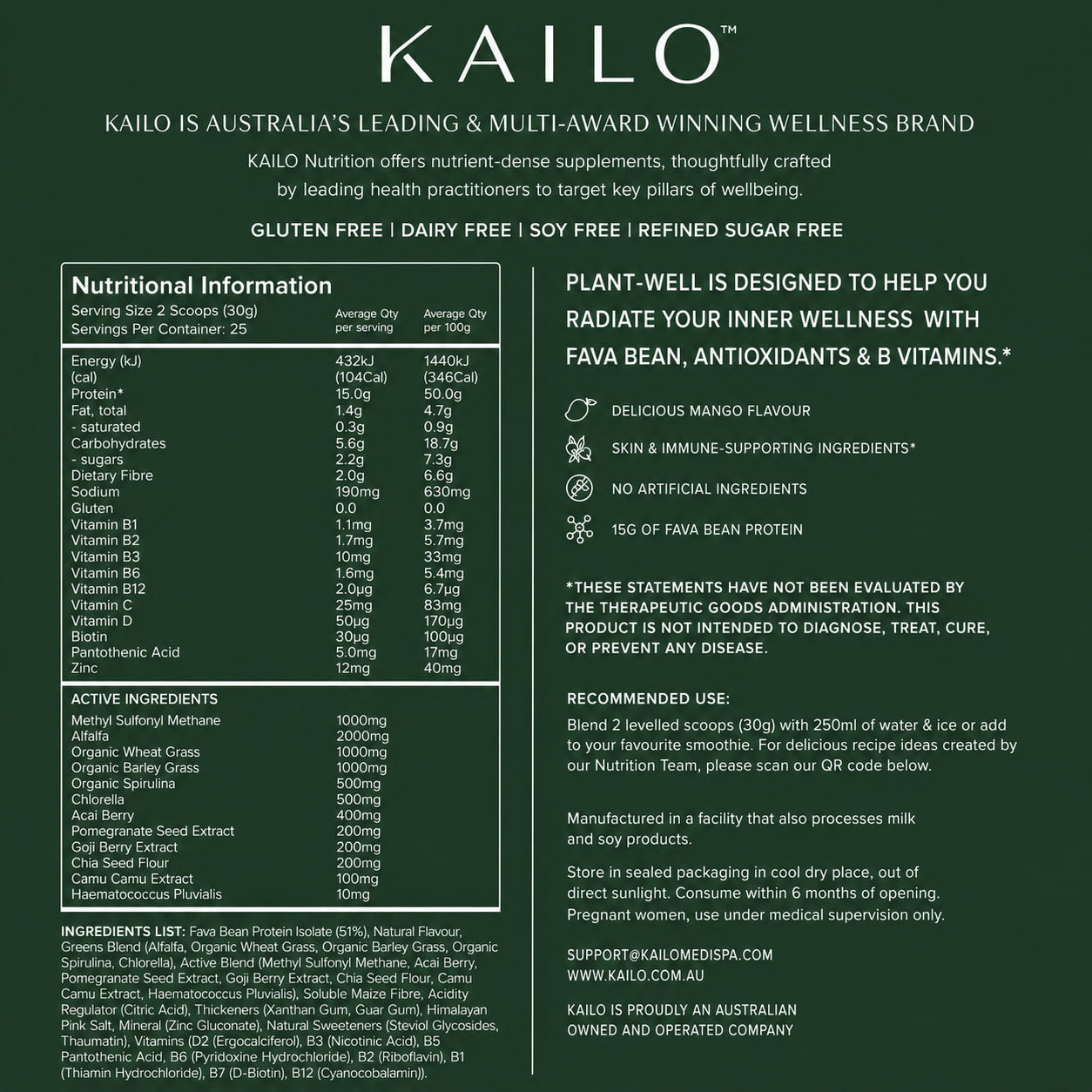 Nutritional information and product details for Kailo supplements on a green background