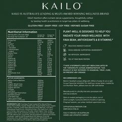 Nutritional information and product details for Kailo supplements on a green background