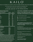 Nutritional information and product details for Kailo supplements on a green background