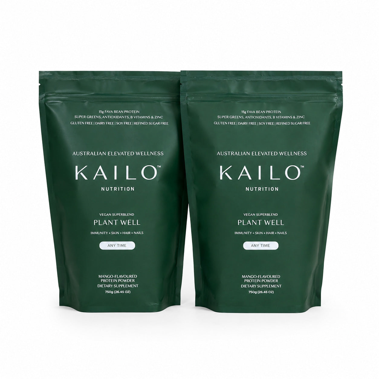 Two green packages of Kailo Nutrition plant-based supplement on a white background