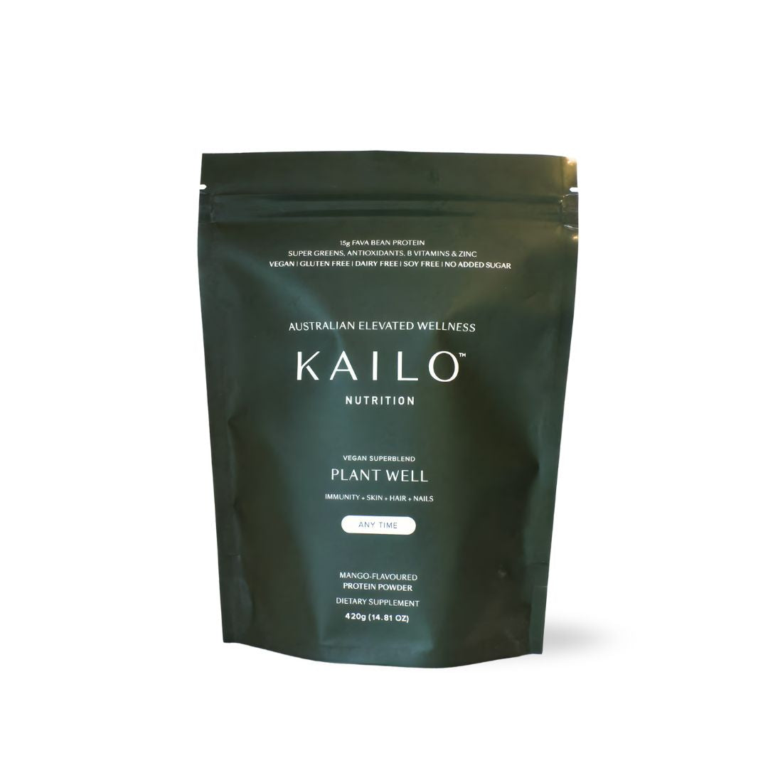 KAILO Plant Well Mango plant-based protein powder package on a white background