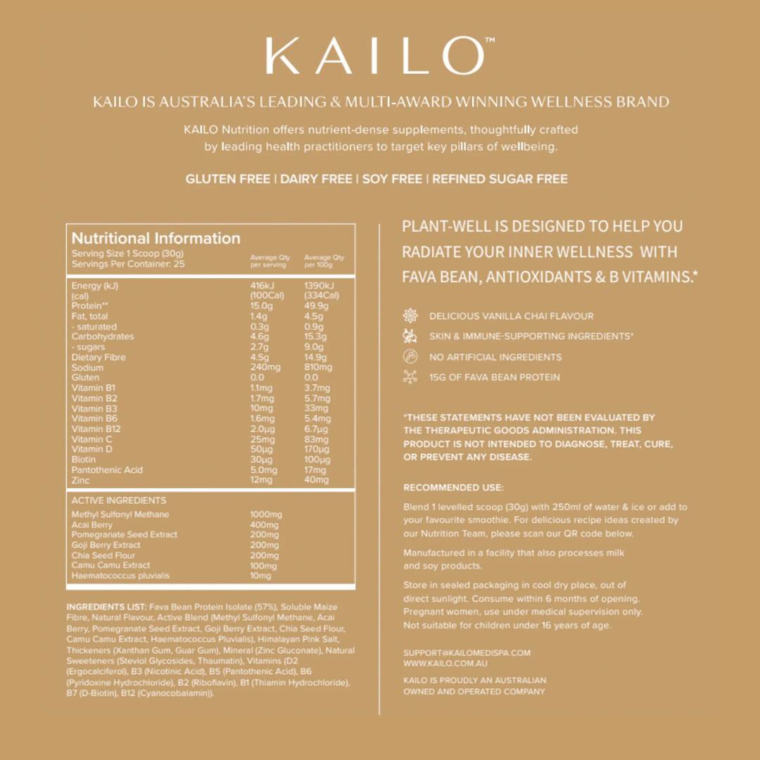KAILO supplement packaging with nutritional information and branding details on a gold background