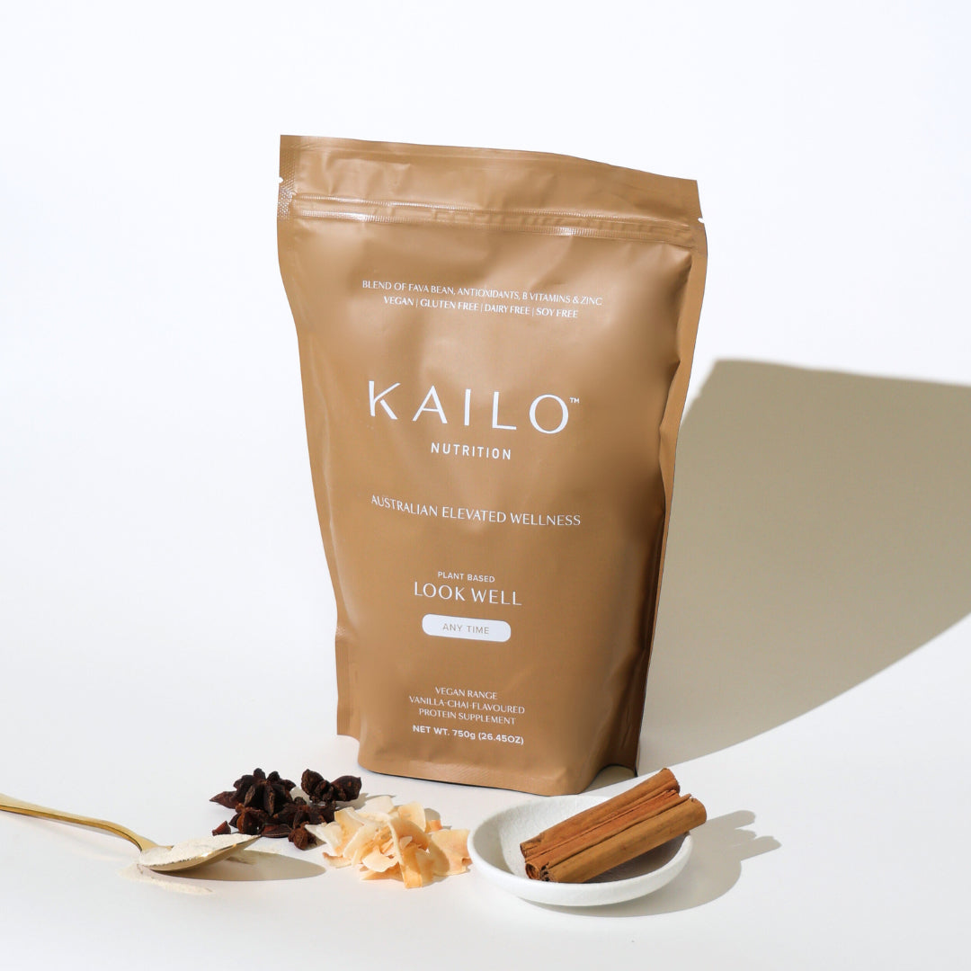 A sealed package of KAILO Nutrition's Look Well plant protein super blend in Vanilla Chai flavor, with a weight of 750g. The package is brown with the brand name and product description visible.