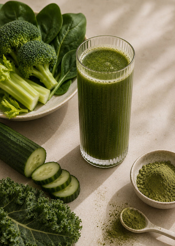 A tall clear glass filled with green juice stands on a light stone surface, surrounded by fresh green vegetables including broccoli, spinach, celery, cucumber slices, kale, a small bowl of green powder, and a spoon with loose powder.