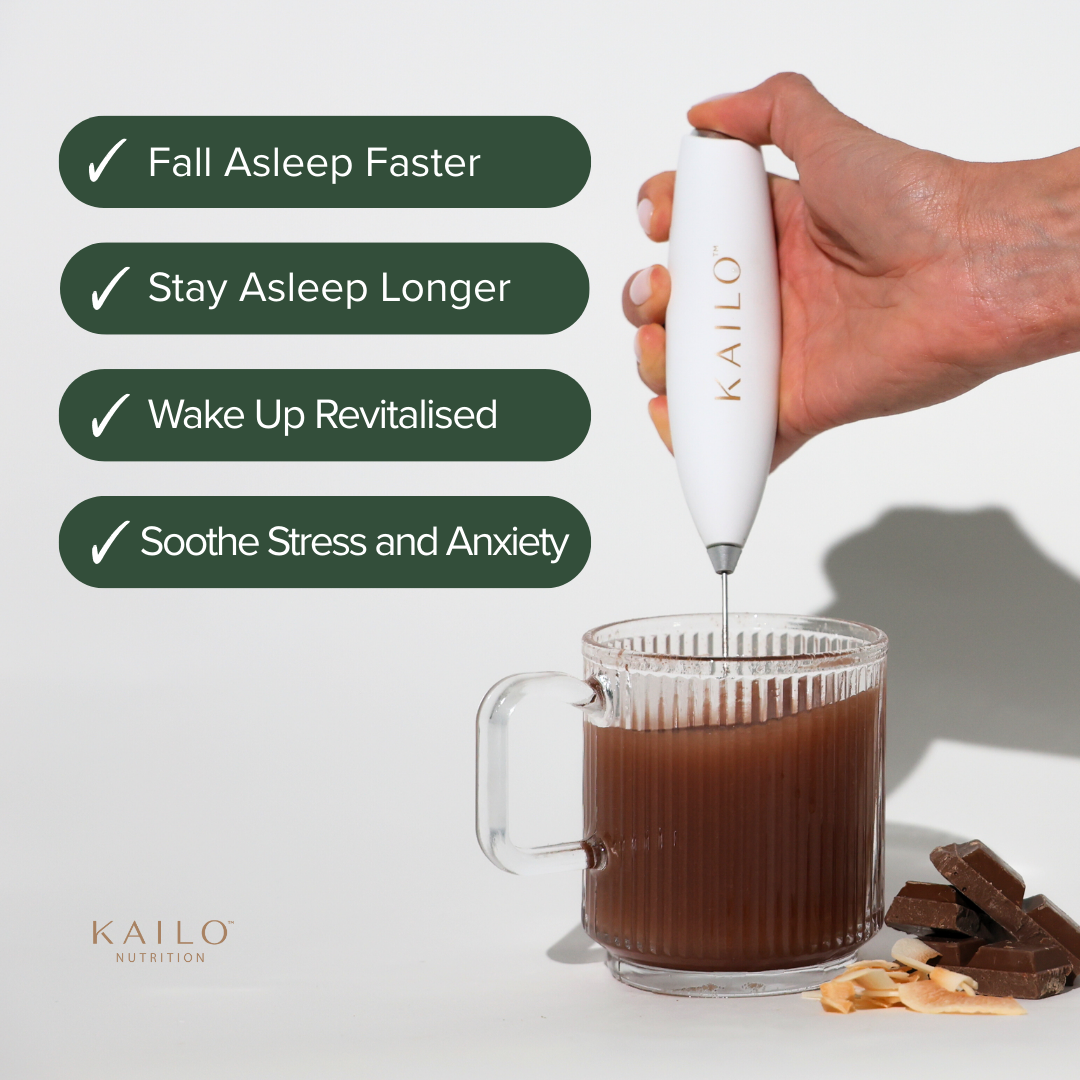 mMixing a KAILO product into a mug of choco powder with text benefits on a light background