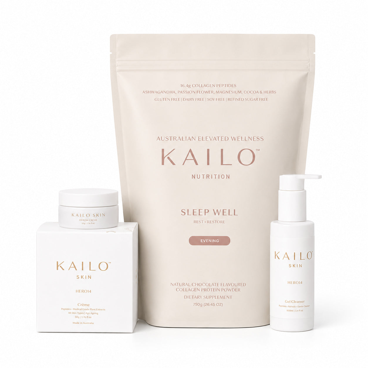 Kailo skincare and wellness products on a white background