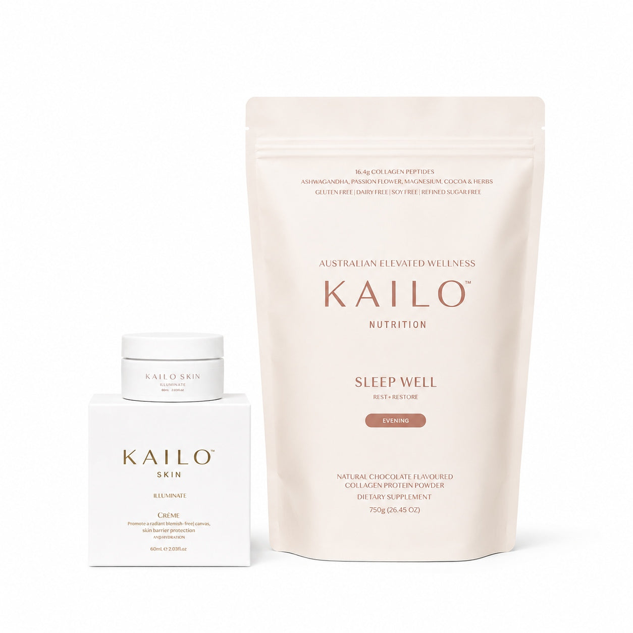 Kailo skincare and wellness products on a white background