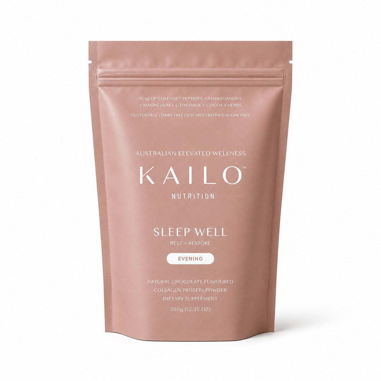 A stand-up resealable pouch of Kailo Nutrition Sleep Well Evening protein powder in a dusty rose color, shown on a clean white background.