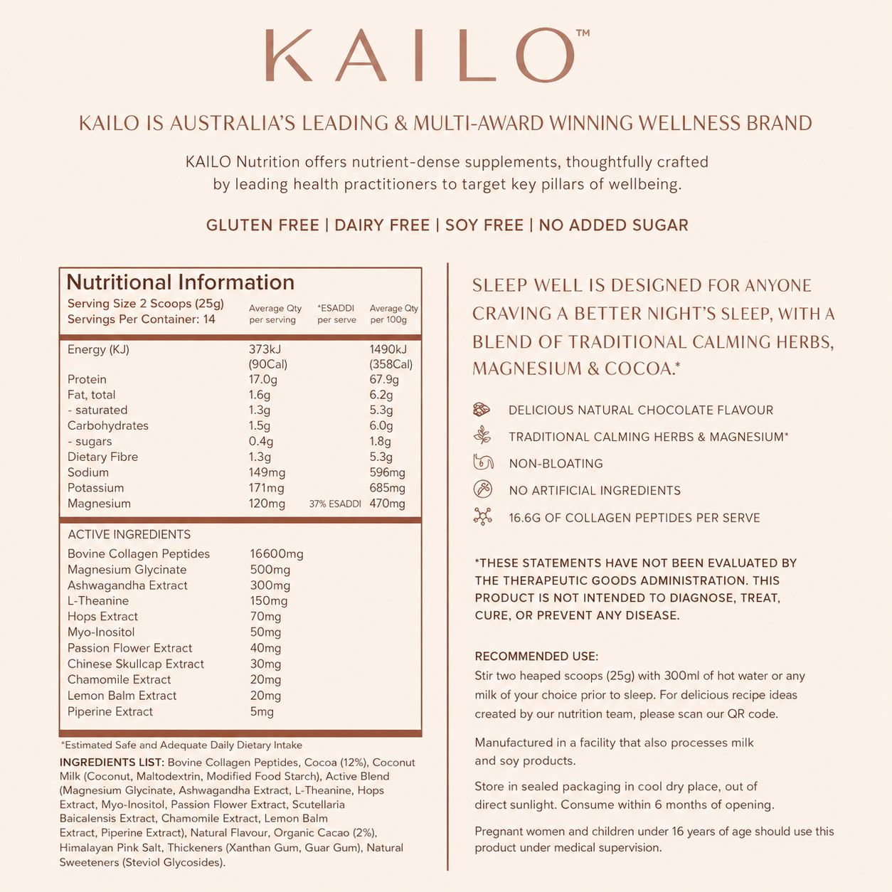 Kailo supplement label with nutritional information and product details.