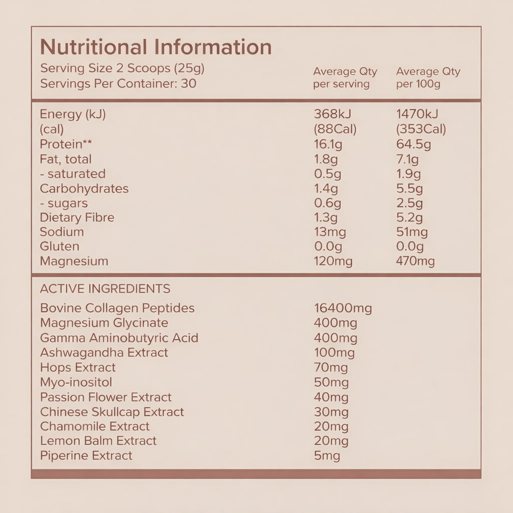 Nutritional information and ingredient list for a supplement on a beige background