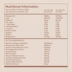 Nutritional information and ingredient list for a supplement on a beige background