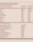 Nutritional information and ingredient list for a supplement on a beige background