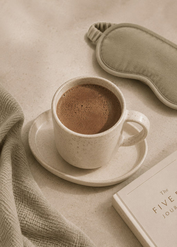 A warm cup of coffee on a saucer beside a matching sleep mask and a book, arranged on a soft beige surface with a textured cloth.