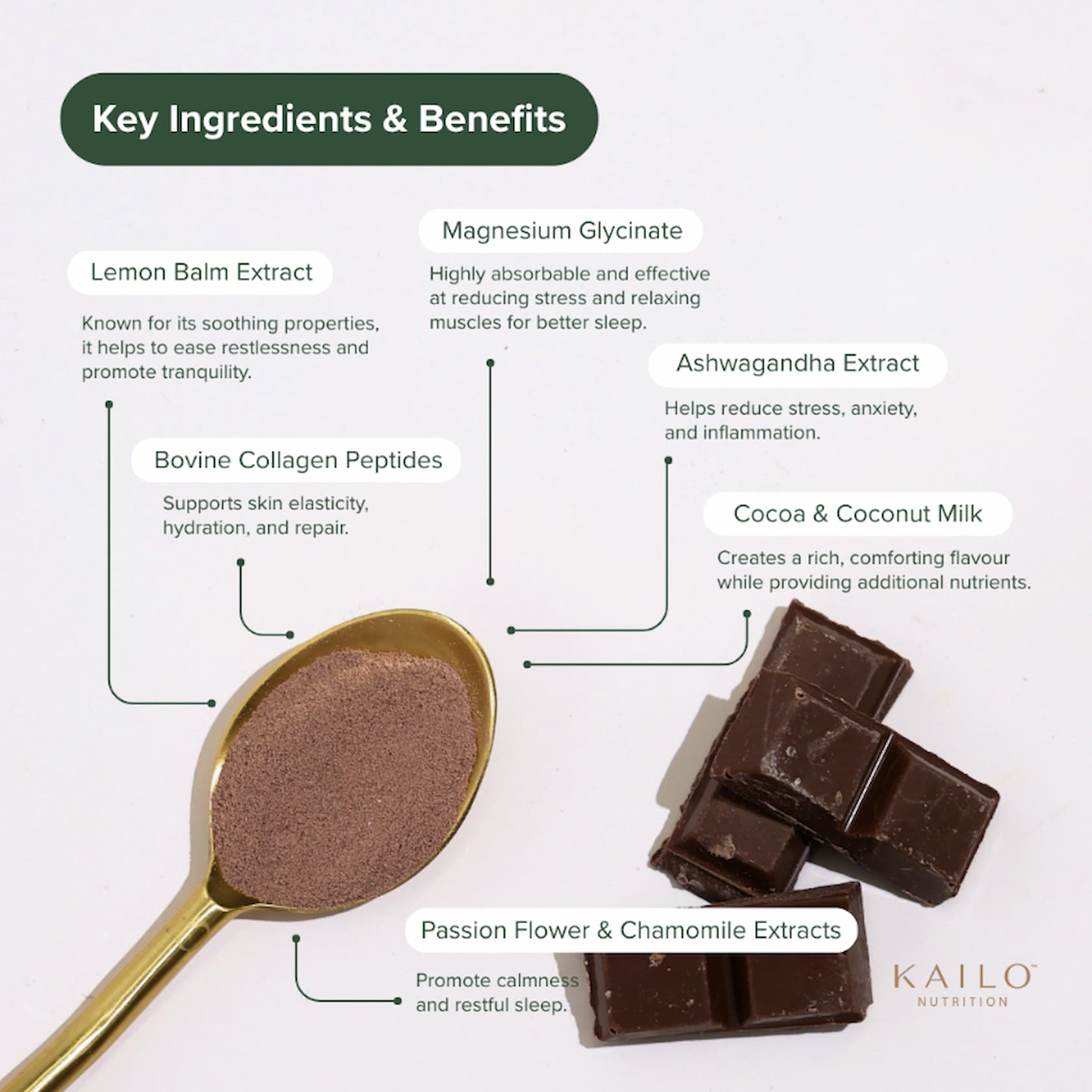 spoon with brown powder and choco squares and listed ingredient benefits