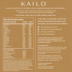 Nutritional information label for Kailo supplement on a brown background