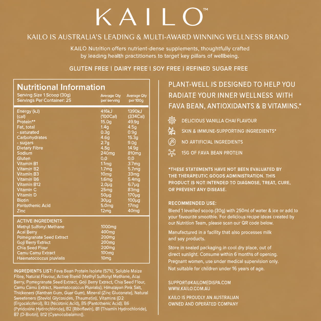 Nutritional information label for Kailo supplement on a brown background