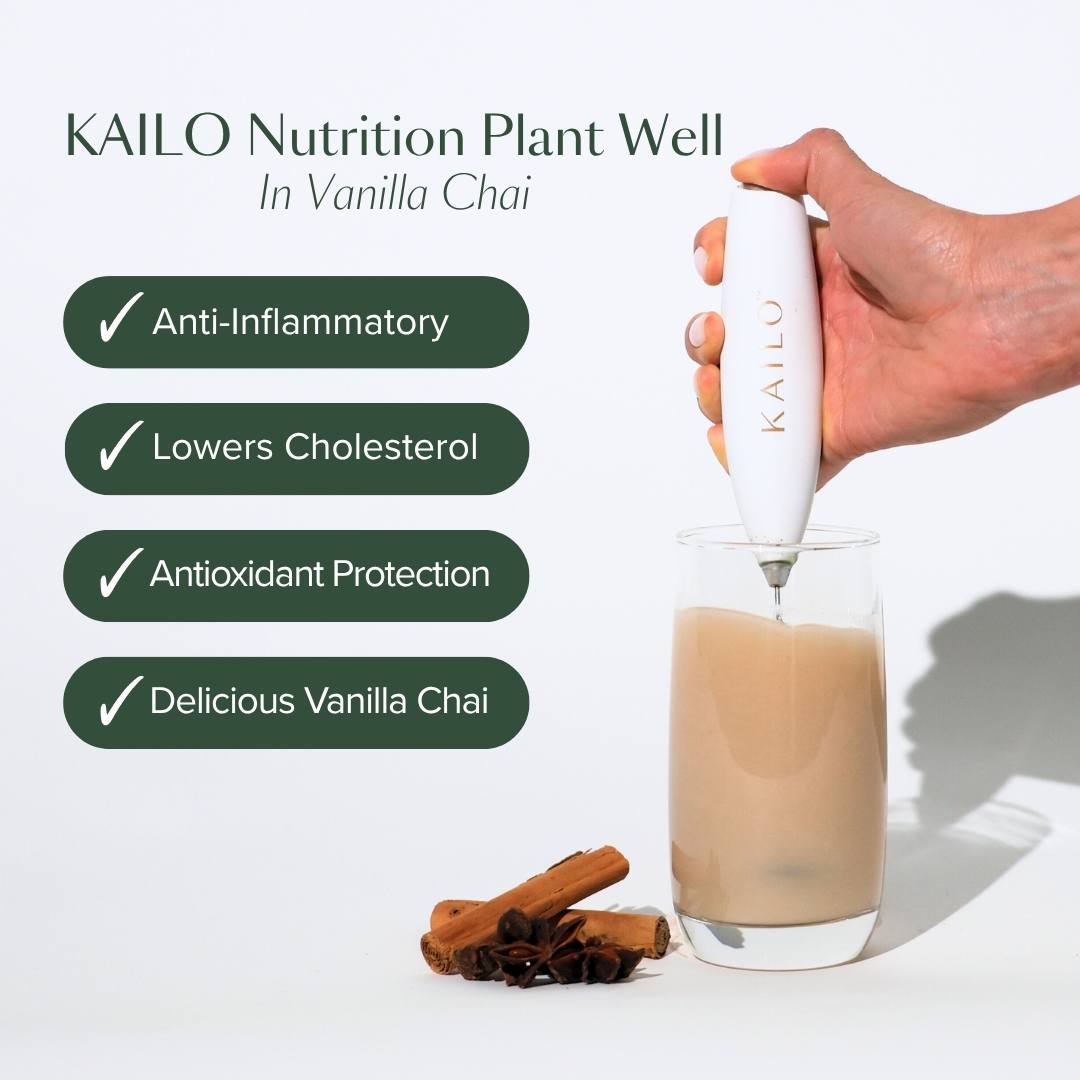 KAILO Nutrition Plant Well Vanilla Chai being used to add to a glass, with text highlighting benefits.
