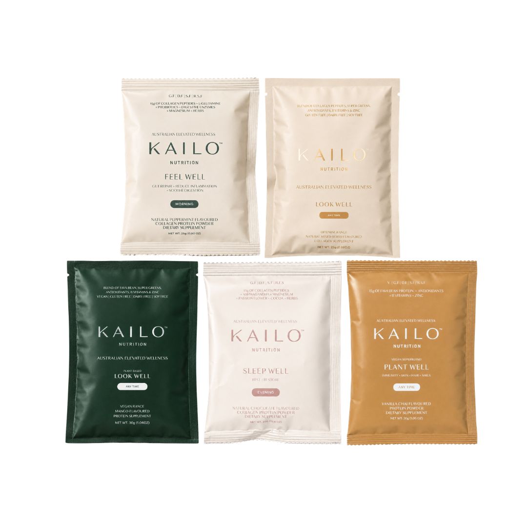 Five Kailo nutrition packets on a white background